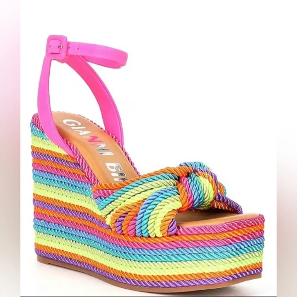Gianni Bini Rainbow Striped Platform Sandals with Pink Straps